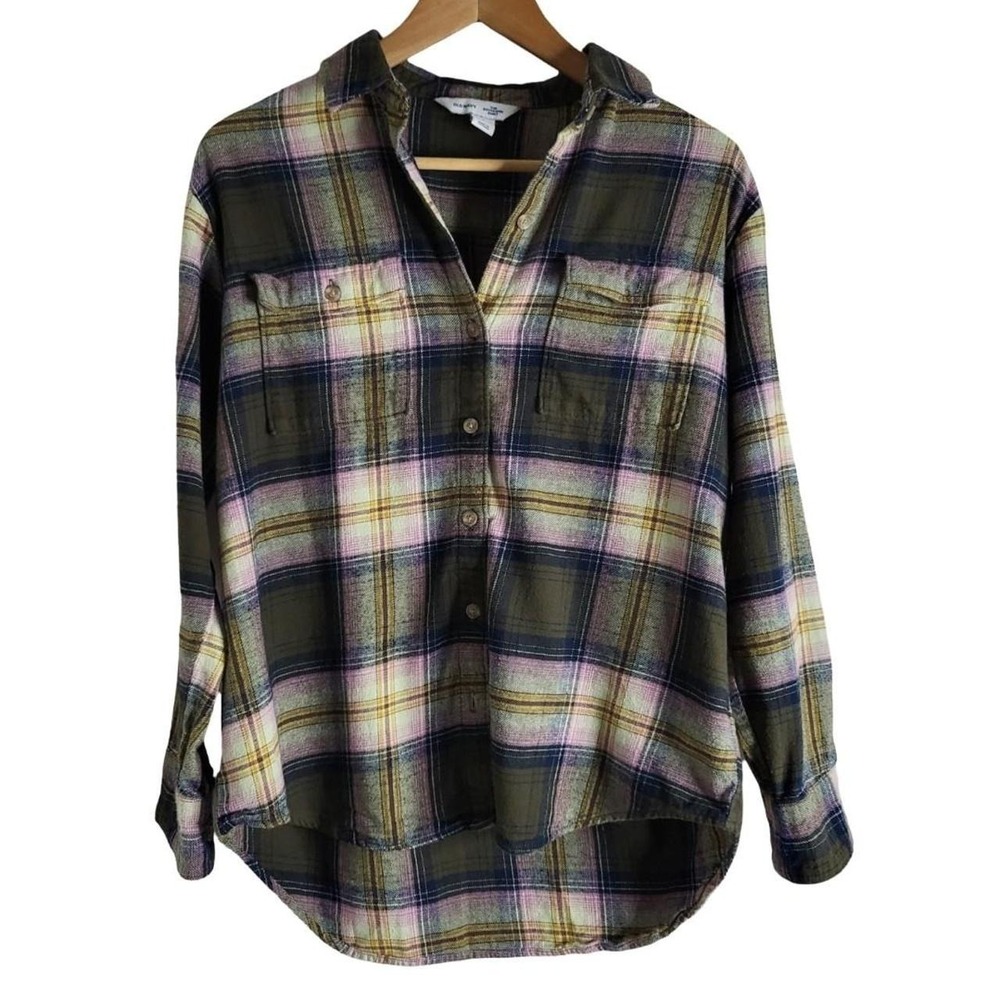 Pink green yellow boyfriend shirt flannel with two pockets size small